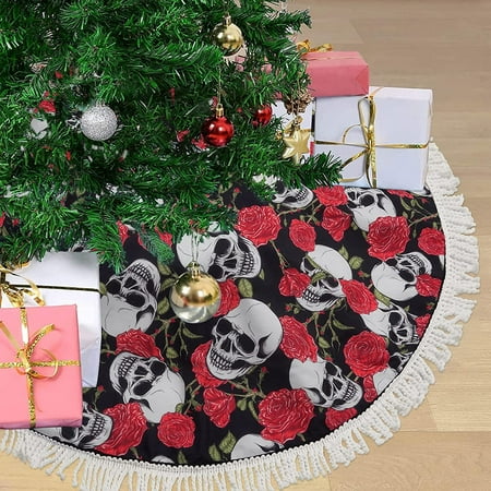 Halloween Xmas Party Holiday Decorations Floral Skull Roses Christmas Tree Skirt with Tassels 30 inch Halloween Xmas Party Holiday Decorations Floral Skull Roses Christmas Tree Skirt with Tassels 30 inch